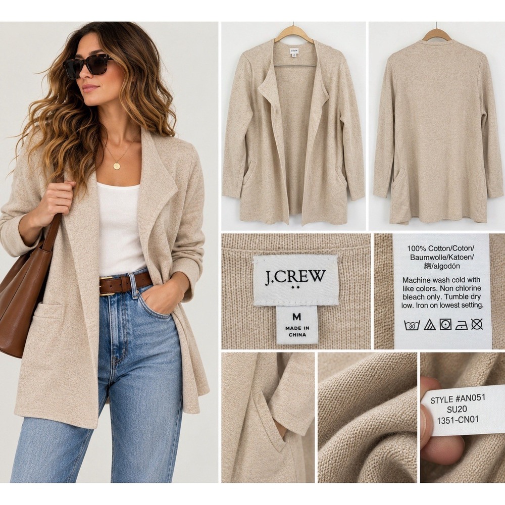 J Crew Vanessa Sweater Jacket M Beige Cotton Open Front Long Cardigan Coastal